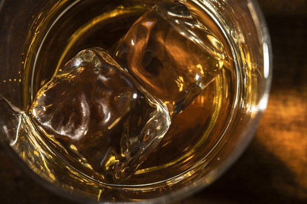 Glass of whiskey with ice cube