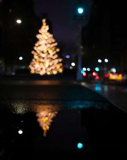 Defocussed Christmas tree illuminated at night