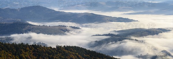 Ukraine, Zakarpattia region, Carpathians, Borzhava, Foggy hills of Carpathian Mountains at sunrise