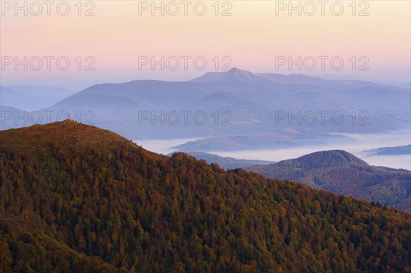 Ukraine, Zakarpattia region, Carpathians, Borzhava, Carpathian Mountains at sunset