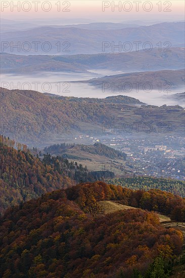 Ukraine, Zakarpattia region, Carpathians, Borzhava, Carpathian Mountains at sunset