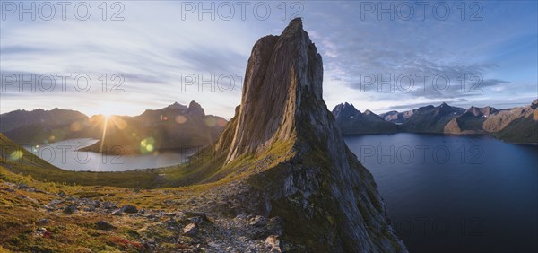 Norway, Senja, Panoramic view of Segla mountain at sunrise