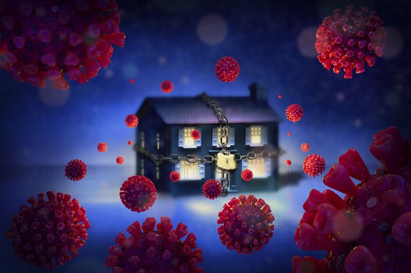 Digitally generated image of chained up house surrounded with Coronaviruses