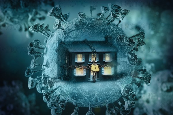 Digitally generated image of chained up house inside Coronavirus