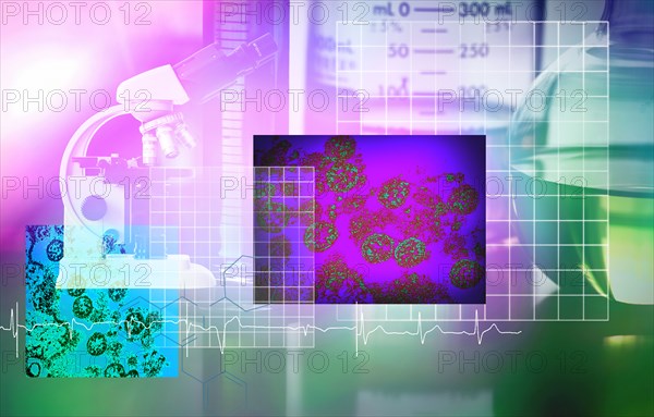 Digital composite of microscope, beaker, bacteria and electrocardiogram