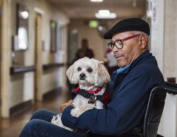 Senior man holding dog in wheelchair