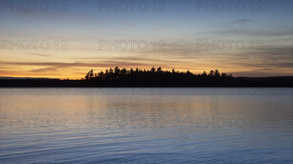 Silhouette of trees and lake at sunset