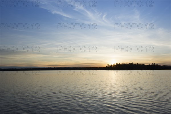 Silhouette of trees and lake at sunset