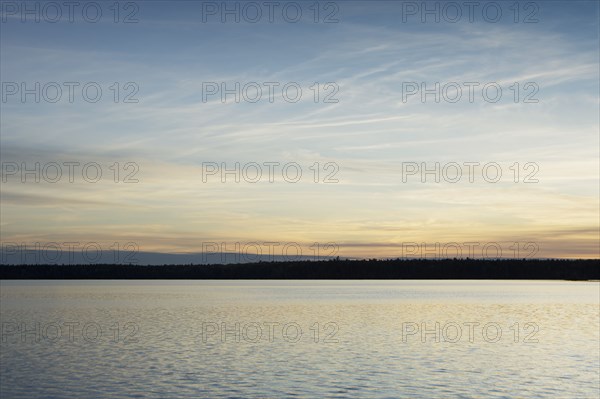 Silhouette of trees and lake at sunset
