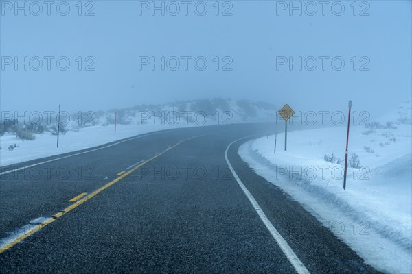 Road by snow in fog