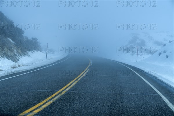 Road by snow in fog