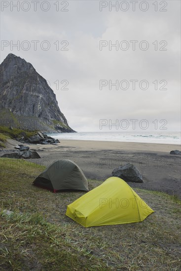 Tents on Kvalvika beach in Lofoten Islands, Norway