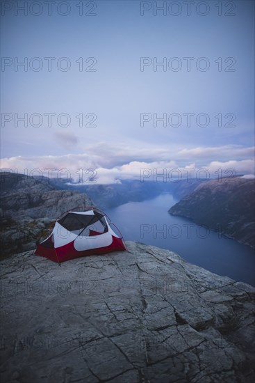 Tent on Preikestolen cliff in Rogaland, Norway