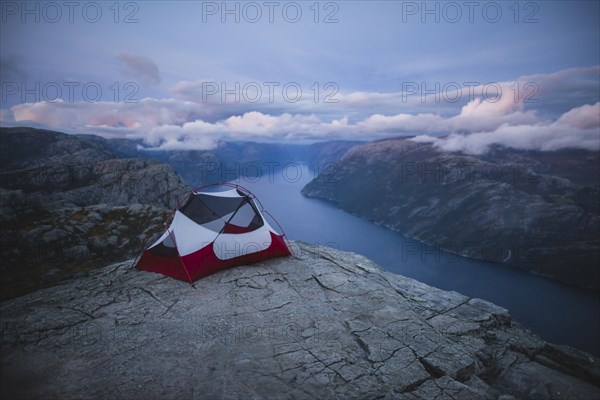 Tent on Preikestolen cliff in Rogaland, Norway