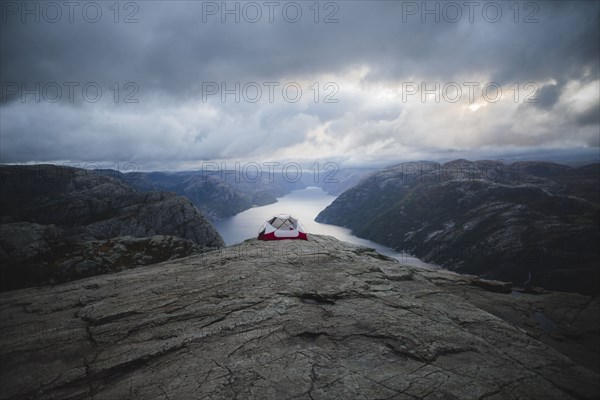 Tent on Preikestolen cliff in Rogaland, Norway