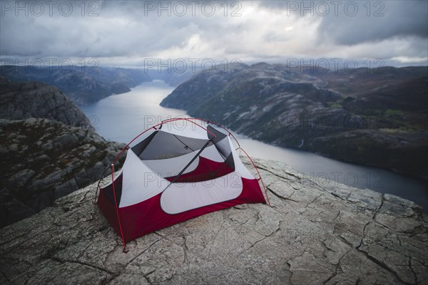 Tent on Preikestolen cliff in Rogaland, Norway