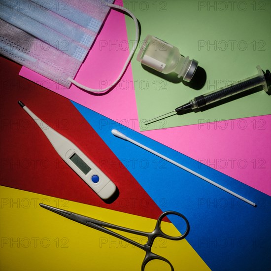 Colorful graphic layout of medical items