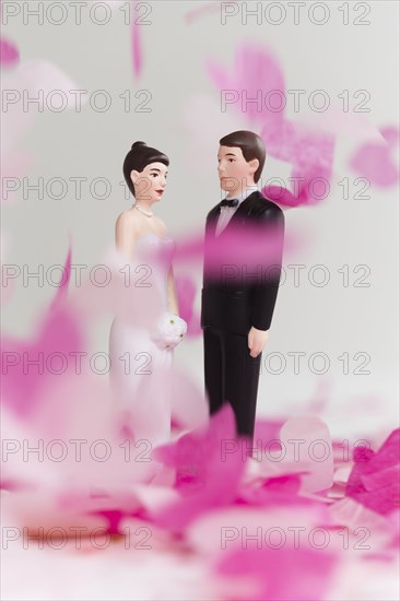 Bride and Groom cake toppers among confetti falling