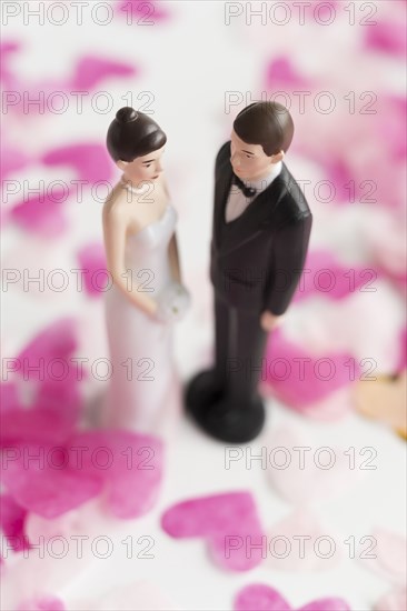 Bride and Groom cake toppers among heart shape confetti