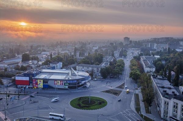 Moldova, Chisinau, Aerial view of cityscape at sunset