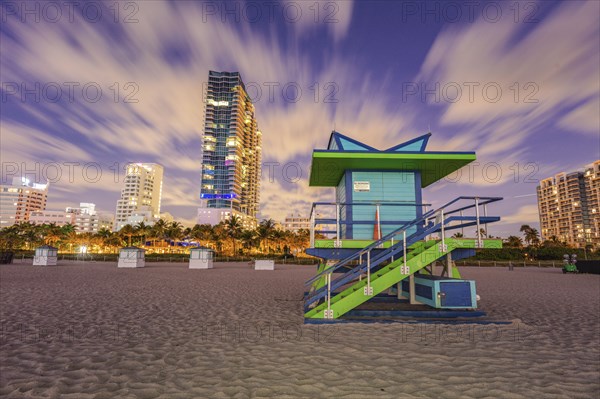 USA, Florida, Miami, Lifeguard hut on beach at dusk