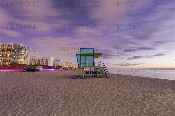 USA, Florida, Miami, Lifeguard hut on beach at dusk