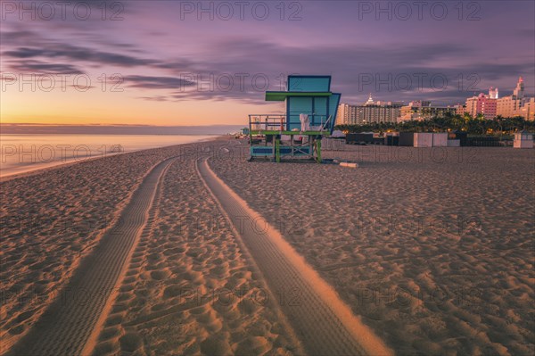 USA, Florida, Miami, Lifeguard hut on beach at dusk