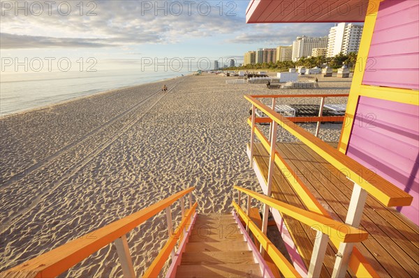 USA, Florida, Miami, Lifeguard hut on beach at dusk