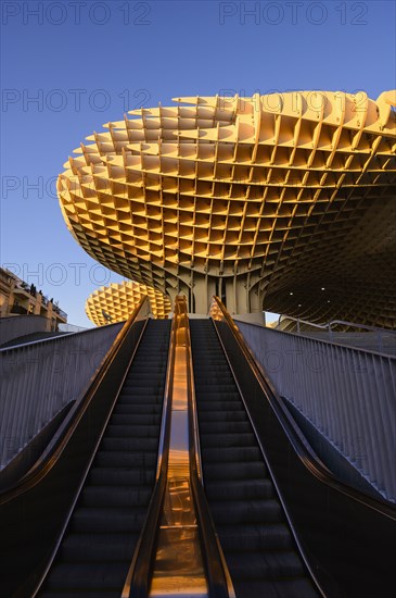 Spain, Seville, Metropol Parasol, Escalator up to Metropol Parasol in Plaza De La Encarnacion