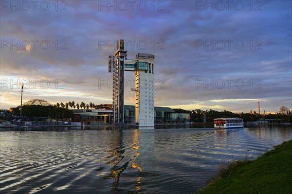 Spain, Seville, Guadalquivir River, Isla De La Cartuja and Guadalquivir River at sunset