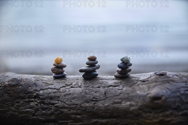 USA, Washington, San Juan County, Orcas Island, Stacks of pebbles on log