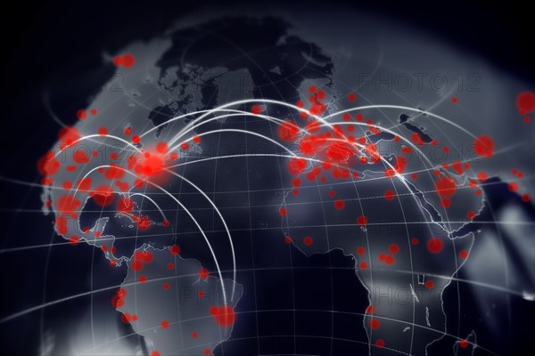 Digitally generated image of Coronavirus spreading on world map