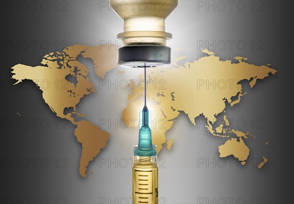 Covid-19 vaccine with world map in background