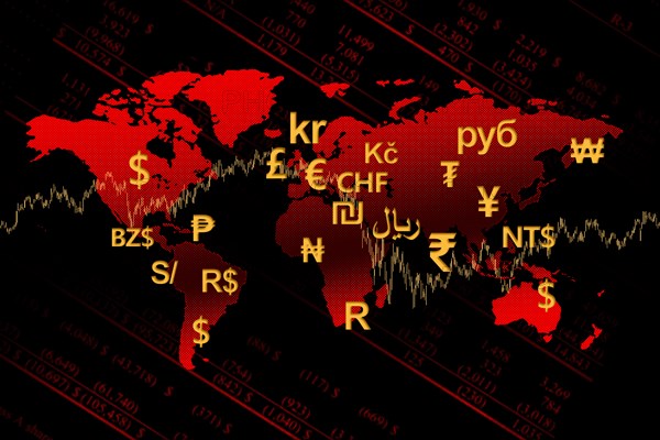 World map with currencies signs and financial figures amid Coronavirus pandemic