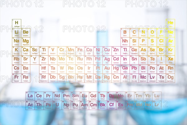 Digital composite with periodic table and laboratory glassware