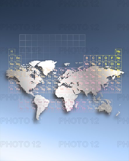 Digitally generated image of world map and periodic table