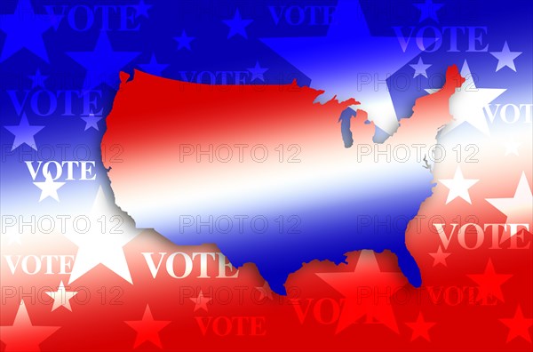 Digitally generated image of shape of USA map and vote sign