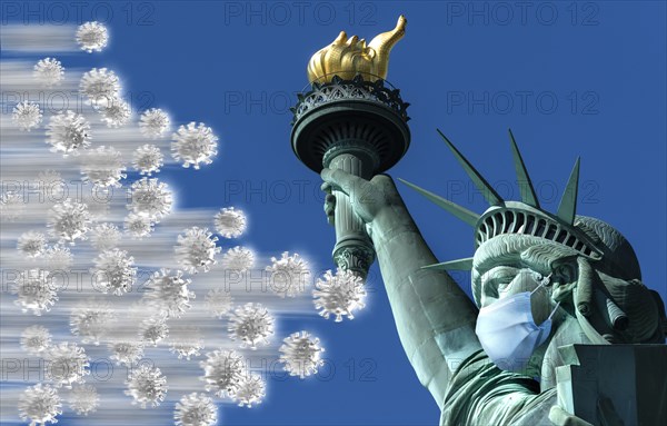 Coronavirus attacking Statue of Liberty wearing surgical mask
