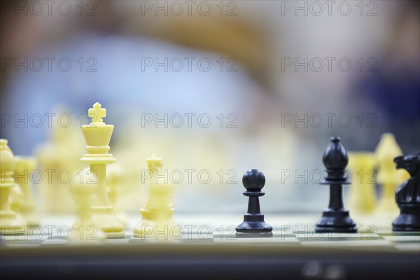 Close up of chess board with chess pawns
