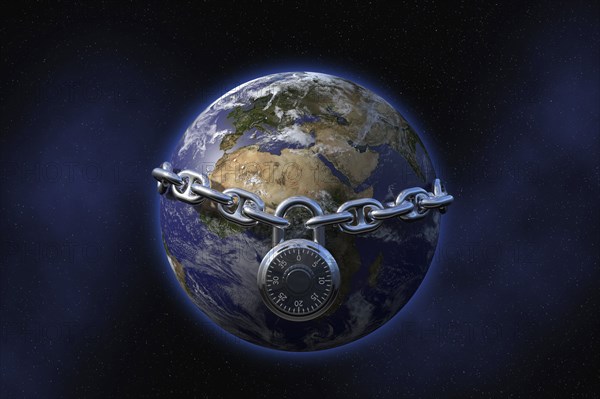 Padlock on chain surrounding globe in space