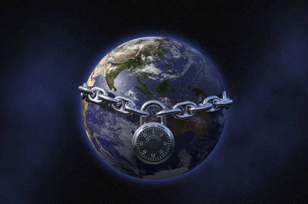 Padlock on chain surrounding globe in space