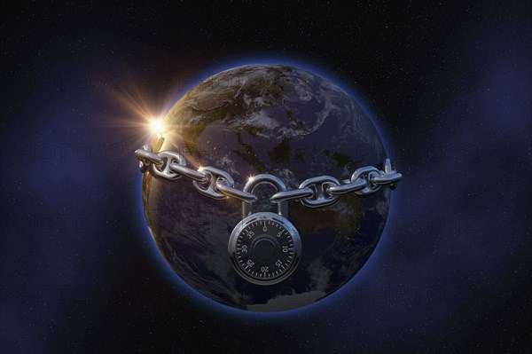 Padlock on chain surrounding globe in space
