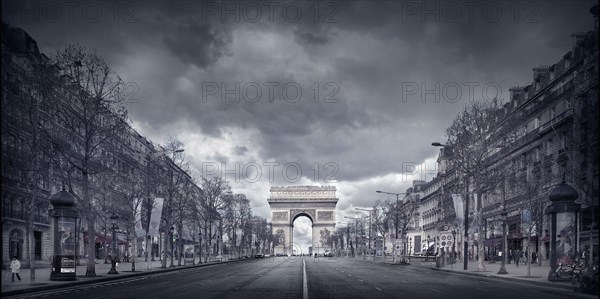 France, Paris, Triumphal arch at end of shopping street