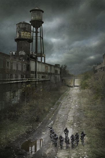 USA, Michigan, Detroit, Army special forces practicing in abandoned factory