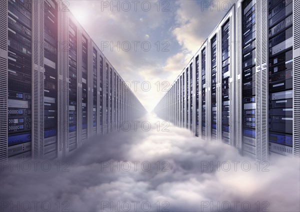 Composite image of computer servers and clouds
