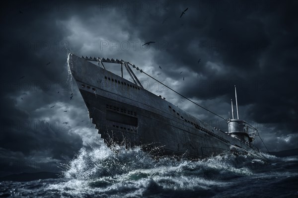 Submarine in stormy sea