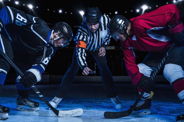 Hockey players and referee starting match