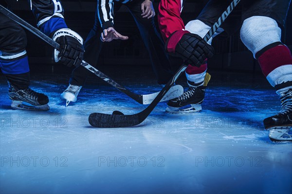 Hockey players and referee starting match