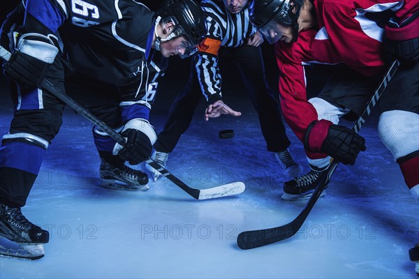 Hockey players and referee starting match