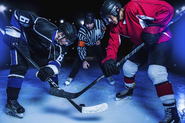 Hockey players and referee starting match